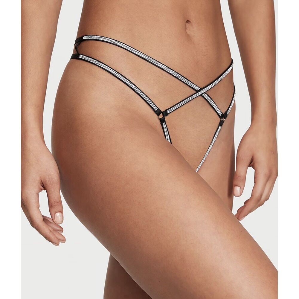 NWT Victoria's Secret Very Sexy Crotchless Shine Strappy Thong Sz XL - Black